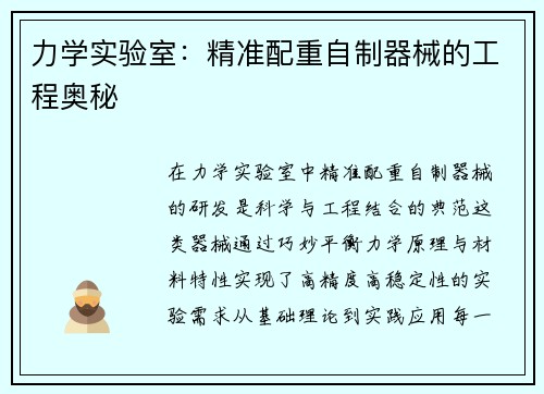 力学实验室：精准配重自制器械的工程奥秘